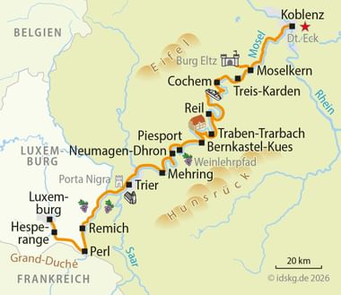 Karte des Mosel-Radwegs von Luxemburg bis Koblenz durch Deutschland, Frankreich und Belgien mit Orten wie Trier, Cochem und Bernkastel-Kues.