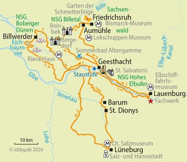 Cycling map showing star tour routes from Gesthacht along Elbe river, connecting towns like Lauenburg, Lüneburg, and Friedrichsruh in Germany.