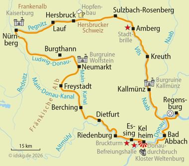 Radwegkarte des 5-Flüsse-Radwegs in Bayern, der Städte von Nürnberg bis Regensburg über Amberg und Kelheim verbindet.