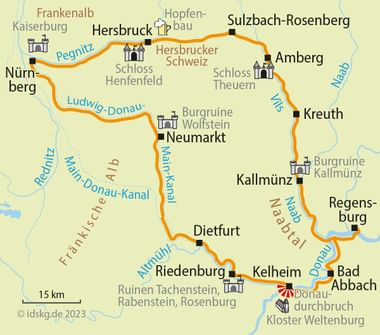 Radkarte der 5-Flüsse-Route in Bayern mit oranger Linie von Nürnberg über Regensburg nach Kelheim entlang der Flüsse.
