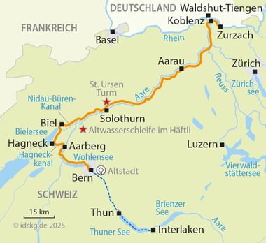 Karte des Aare-Radwegs von Zurzach bis Interlaken durch Schweizer Städte wie Aarau, Solothurn, Biel und Bern entlang der Aare.