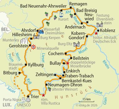 Cycling route map showing circular tour through Mosel-Rhein-Ahr-Kyll region with towns like Koblenz, Cochem, Trier, and landmarks including castles and rivers.