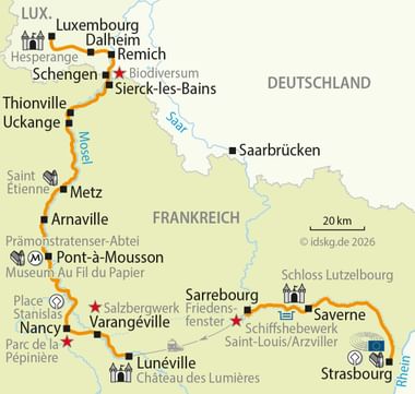 Radwegkarte von Straßburg nach Luxemburg entlang Mosel und Saar, mit Städten wie Metz, Nancy, Saarbrücken und Sehenswürdigkeiten.