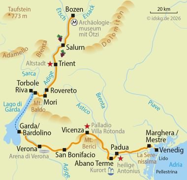 Karte der Radroute von Bozen nach Venedig durch italienische Städte wie Trient, Verona, Vicenza und Padua, orange markiert.