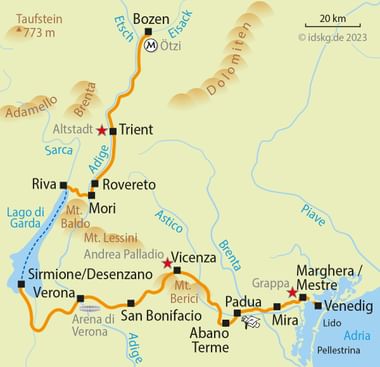 Karte der Radroute von Bozen nach Venedig durch Norditalien über Trient, Rovereto, Verona, Vicenza und Padua.