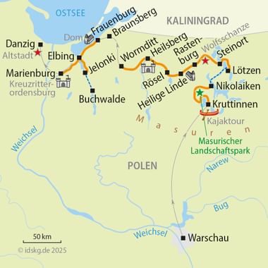 Cycling route map through Poland from Danzig via Marienburg to Masuren region, showing cities, rivers, and landmarks with orange route line.
