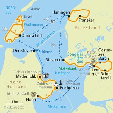 Map showing cycling and ship route through North Holland with stops at Harlingen, Franeker, Enkhuizen, Hoorn, Medemblik, and Oudeschild on Texel island.
