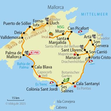 Karte von Mallorca mit orangen Radrouten, die Orte wie Palma, Sóller, Artà und Ses Salines verbinden. Zeigt Sehenswürdigkeiten und PMI-Flughafen.