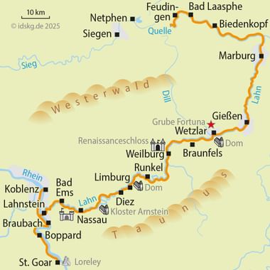 Map of Lahn cycle route from Quelle to Loreley, showing orange path through towns including Marburg, Gießen, Wetzlar, Weilburg, and Koblenz.