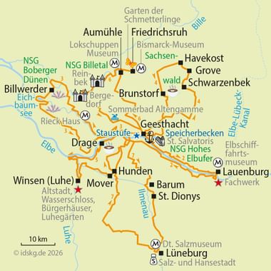 Cycling route map showing 8-day star tour from Geesthacht with orange routes to towns like Lüneburg, Lauenburg, and Winsen along Elbe river.