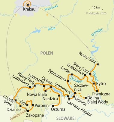 Cycling route map showing orange marked trail from Krakow through southern Poland to Dunajec river region with towns and rivers labeled.