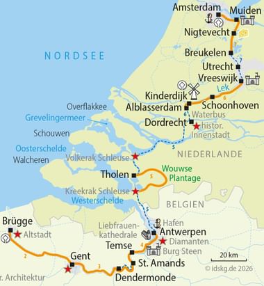 Routenkarte der Radstrecke von Brügge durch Belgien und die Niederlande nach Amsterdam über Gent, Antwerpen, Dordrecht und Utrecht.