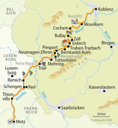 Map showing Mosel cycle route from Metz to Koblenz with orange line following river through towns including Trier, Bernkastel-Kues, and Cochem.