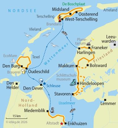 Karte mit Radroute durch niederländische Watteninseln einschließlich Texel, Vlieland, Terschelling und friesisches Festland mit Segelverbindungen.