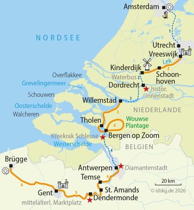 Map showing cycling route from Amsterdam to Bruges via MS Magnifique, passing through Utrecht, Kinderdijk, Dordrecht, and Antwerp in the Netherlands and Belgium.