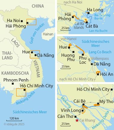 Karte von Vietnam mit Rad- und Schiffsrouten von der Ha Long Bucht im Norden über Hue und Da Nang bis zum Mekong-Delta im Süden.