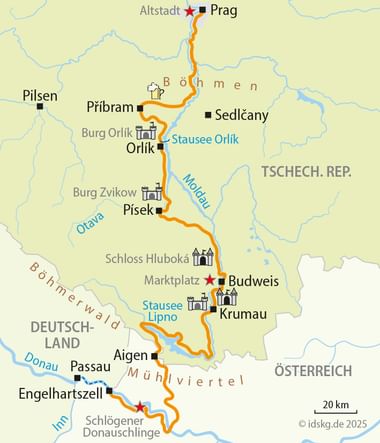 Map showing cycling route along Moldau river from Prague through Orlík and Písek to Passau, passing through Czech Republic, Germany and Austria.