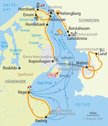 Map of Øresund region showing cycling routes in orange and sailing routes in blue between Denmark and Sweden, including cities like Copenhagen, Malmö, and Lund.