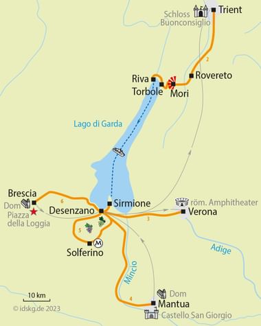 Cycling map of Lake Garda showing numbered routes from Desenzano to Sirmione, Verona, Mantua, Solferino, Brescia, and Trient in northern Italy.