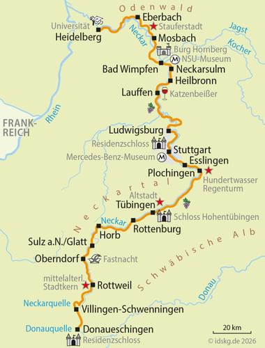 Map showing the Neckar cycle route from Donaueschingen to Heidelberg with cities like Stuttgart, Tübingen, and Rottenburg marked along the orange path.