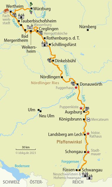 Romantic Road Cycle Map Wuerzburg to Fuessen