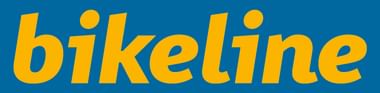 The word 'bikeline' displayed in bold yellow italic letters on a blue rectangular background.