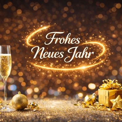 Neujahrsszene mit Champagnergläsern, Flasche, goldenem Geschenk und Kugeln. Text 'Frohes Neues Jahr' leuchtet vor goldenem Bokeh.