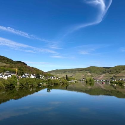 Calm Moselle River reflecting blue sky, with villages on both banks and green vineyard-covered hills under clear skies near Zell and Treis-Karden.