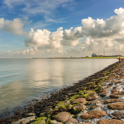 Stone breakwater extending into calm waters of Cuxhaven bay. People walk on the rocky structure covered with green algae under cloudy sky.