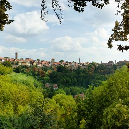 Medieval town of Rothenburg ob der Tauber viewed through green trees, showing historic buildings and towers on a hilltop under cloudy sky.