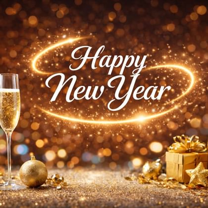 Two champagne glasses, a golden bottle, gift boxes, and gold ornaments on glittery surface with 'Happy New Year' text and golden bokeh lights.