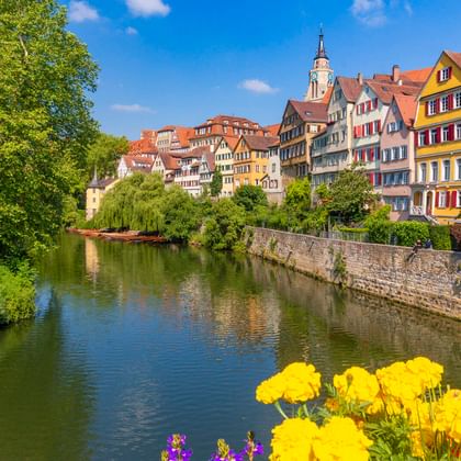Blick auf bunte historische Häuser am Neckar in Tübingen mit gelben Blumen im Vordergrund und Kirchturm im Hintergrund.