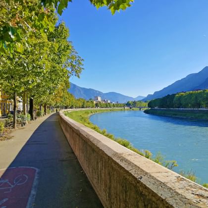 Gepflasterter Radweg entlang der Etsch mit Steinmauer, umgeben von grünen Bäumen und Bergen unter blauem Himmel.