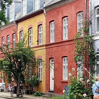 Row of colorful historic houses in yellow, red, and white on Krusemyntegade in Copenhagen. Green plants climb facades, pedestrians walk by.