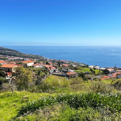 Panoramic view of Madeira's coast showing red-roofed houses scattered across green hillsides overlooking the deep blue Atlantic Ocean.