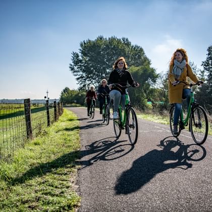 Gruppe von Radfahrern auf asphaltiertem Weg entlang Zaun mit grünen Feldern. Zwei Frauen im Vordergrund auf grünen Rädern, blauer Himmel.