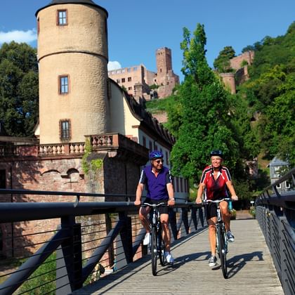 Wertheim Radfahrer auf der Tauberbrücke vor dem Rathaus