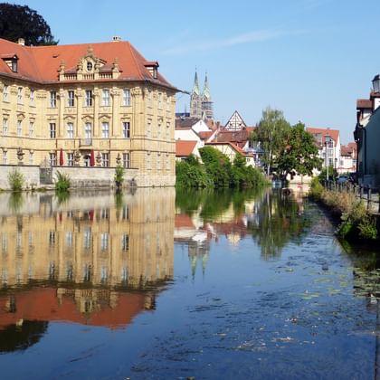 Riverbank view of the old town of Bamberg