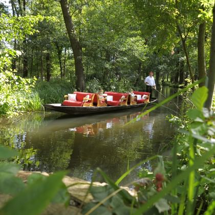Traditionelles Holzboot mit roten Sitzkissen befördert Passagiere durch schmalen Wasserweg im Spreewald, geführt von Kahnführer mit Stange.