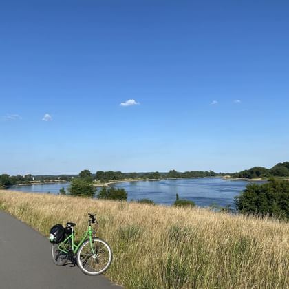 Green bicycle with panniers on paved path along River Elbe near Geesthacht. Golden grass field, blue river, and trees under clear sky.