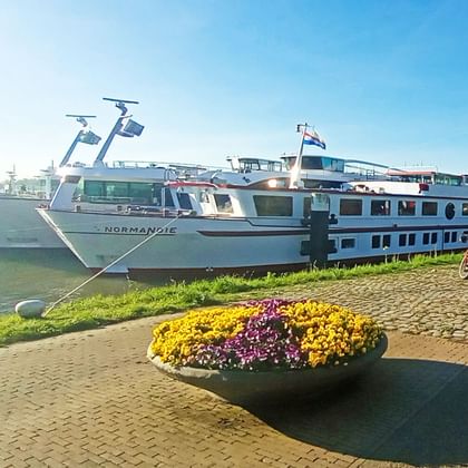 White and blue river cruise ship moored at a riverbank with colorful flower planter and bicycles on a paved path in the foreground.