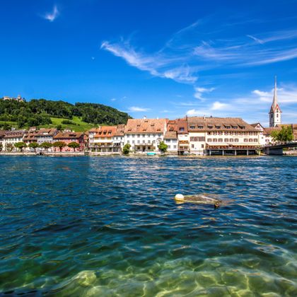 Old town view of Stein am Rhein from the river bank