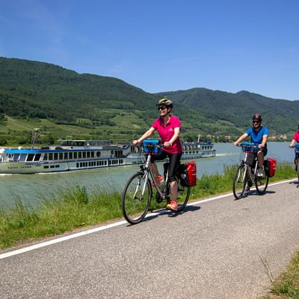 Four cyclists on Danube cycle path with MS Swiss Crown river cruise ship in background. Green hills and blue sky visible.