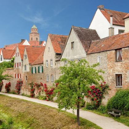 Medieval town of Donauwörth with traditional German houses, red tile roofs, and a church tower. Colorful flowers bloom along the riverside path.
