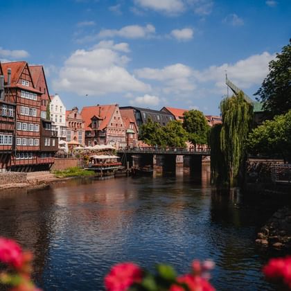Canal in Lüneburg with colorful half-timbered houses along the waterfront, stone bridge, and red flowers in foreground under blue sky.