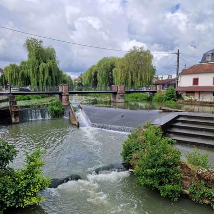 Fluss mit Wehr und Wasserfall in Sarrebourg, Frankreich. Steinbrücke überquert das Wasser, Weiden säumen die Ufer, Häuser sind auf beiden Seiten sichtbar.