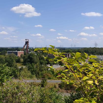 Panoramablick von der Drachenbrücke über das Ruhrgebiet mit grüner Vegetation, Industriegebäuden und einem historischen Hochofenturm.