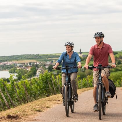 Zwei Radfahrer mit Helmen fahren E-Bikes auf einem asphaltierten Weg durch Weinberge mit Blick auf den Rhein und Nierstein.