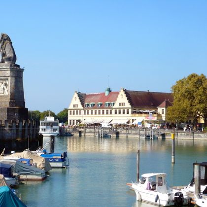 View of the Bavarian Lion sculpture in Lindau from the water