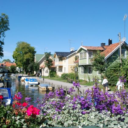 Trosa-Kanal mit Booten vor traditionellen schwedischen Holzhäusern. Bunte Blumenbeete mit lila und roten Blüten säumen den Wasserweg.